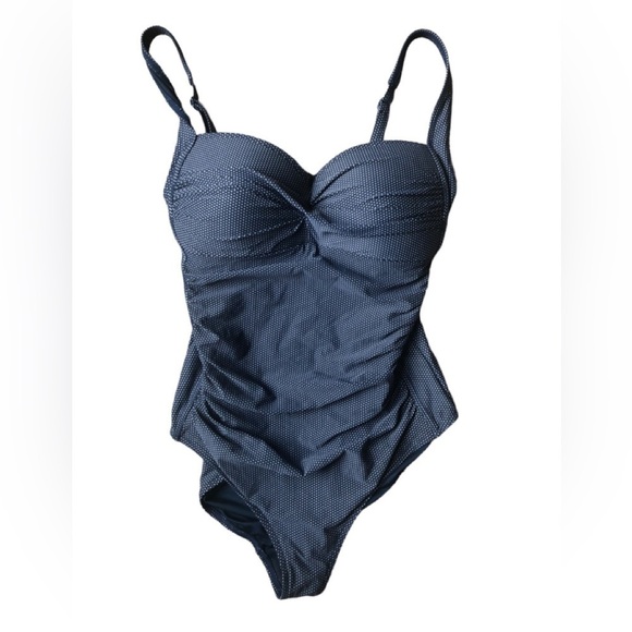 NIPTUCK Navy Pin-Dot Ruched Slimming Swimsuit Sz. 10 Multi Fit Cup Padded Beach - Picture 2 of 7